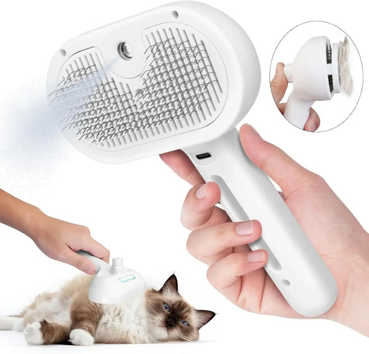 Pet grooming brush with a hand holding it, used on a cat, with an inset showing the brush head.