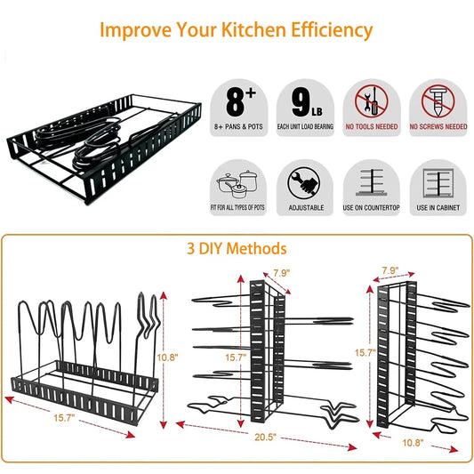 8-Tier Pot & Pan Organizer Rack – Kitchen Cabinet Storage Solution