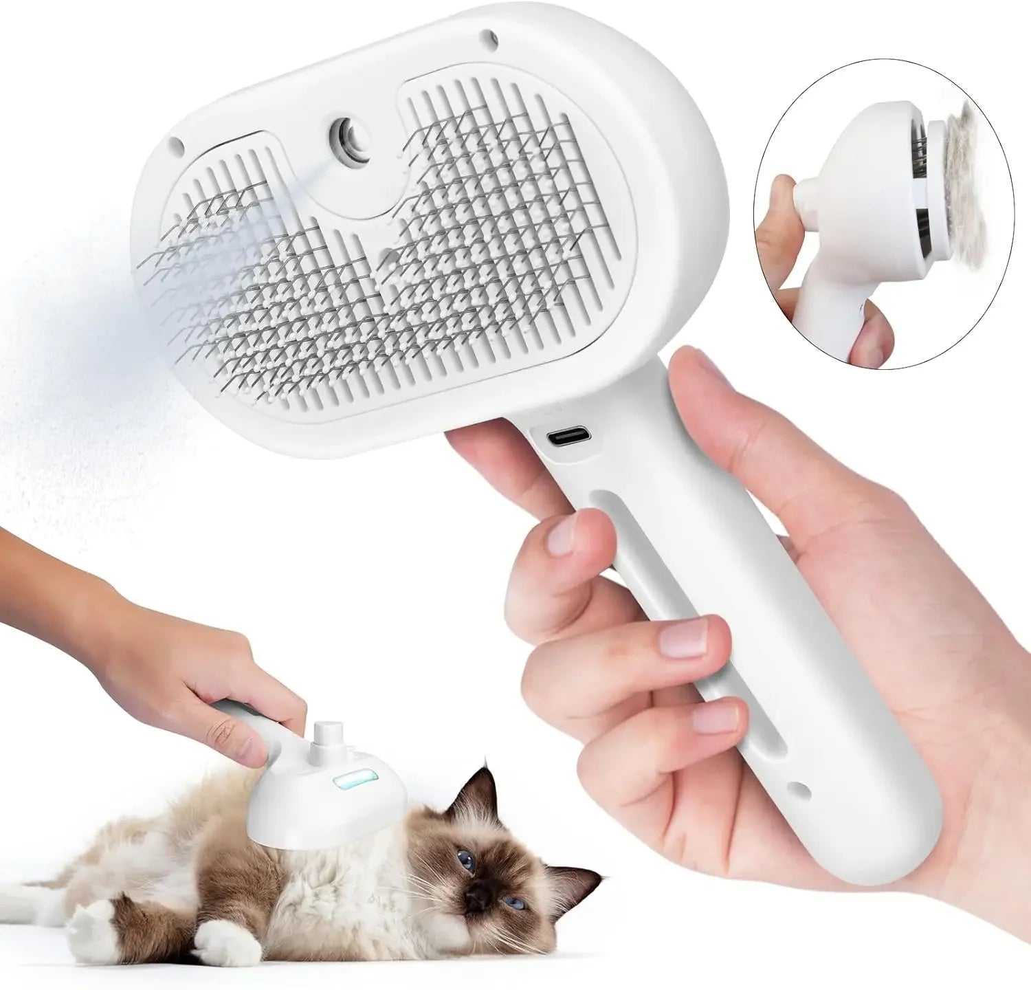Pet grooming brush with a hand holding it, used on a cat, with an inset showing the brush head.